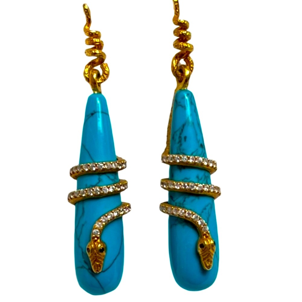 Turquoise & cz crystals Snake Drop Earrings by Azaara - Picture 3 of 10